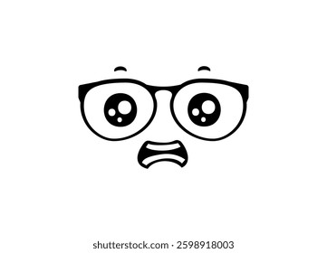 A cartoon face with large eyes and glasses shows a surprised expression on a simple background.