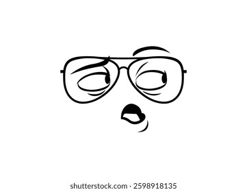 A cartoon face with large glasses and expressive eyes, giving a sideward quirky gaze.