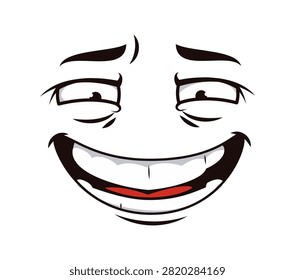 Cartoon face with malicious smile emotion and cunning look expression emoji. Cartoon face smile with content and insincere happy emotion, hokey cheerful cute and tricky sly comic expression emoticon