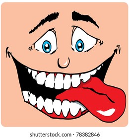 Cartoon Face of man with a big mouth. His tongue sticks out. He is hungry