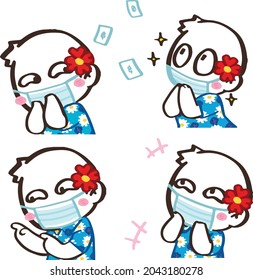 Cartoon with face mask due to covid-19, Funny Character wears flower T shirt. Hand drawn colored vector set in various poses. Cartoon icon for communicate and express your feeling 