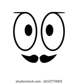Cartoon Face com Mustache e Olhos Grandes - Preto e Branco Doodle. Engraçado desenho animado-estilo ilustração de um rosto com olhos redondos exagerados e um pequeno bigode preto.