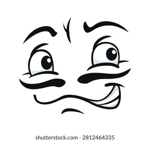 Cartoon face with mustaches and angry emotion expression for emoji with sulky look. Comic cartoon face or emoticon smile with mustaches and displeased or suspicious or gloomy expression of distrust