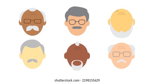 Cartoon face old man vector icon, avatar people, character head , senior person different. Profile grandfather isolated on white background. Glasses, bald head, mustache and beard. Human illustration