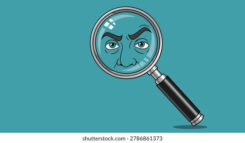 A cartoon face peers intently through a magnifying glass, its expression suggesting close examination, suspicion, or intense focus against a plain blu