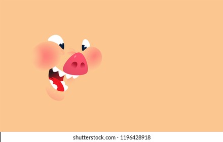 Cartoon face of a pig. Vector. Background for text and design. Emotion, a smile of a pork character. Illustration of Pork for menu, restaurant and packing. Stew. Logo, a talisman for the company.