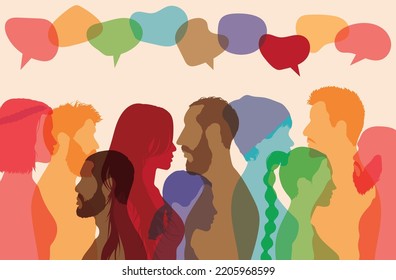 Cartoon face profile and crowd discussion. Group of multicoloured isolated people speaking. Social network communication and speech bubble.