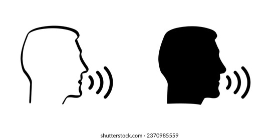 Icono de la charla de perfil facial de caricatura. Cabezas de silueta de iconos del discurso de la conversación. Diríjase al perfil, pictograma de comunicación. La cara de la gente es un icono o un signo que habla. Icono del vector de asistencia. Señal de voz.