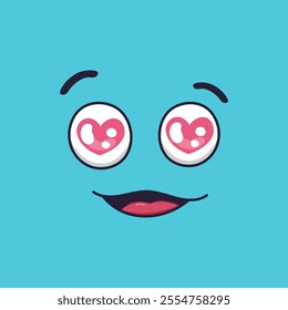 Cartoon face radiating love and affection, featuring heart shaped eyes that express deep romance and adoration against a vibrant blue background, creating a joyful atmosphere