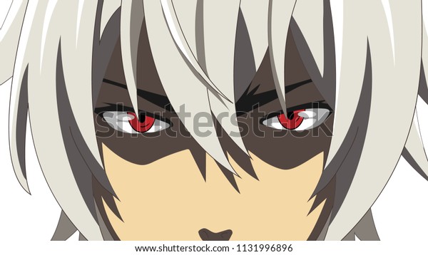 白い背景に赤い目をしたカートーンの顔 アニメ用のウェブバナー 日本風の漫画 ベクターイラスト のベクター画像素材 ロイヤリティフリー