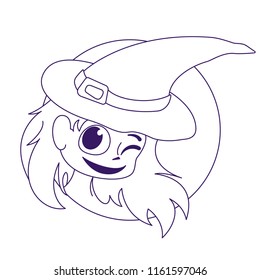 Cartoon face in a round hole. Cute kid character in popular halloween costume.  Hand drawn style vector. Doodle linean illustration on white background.