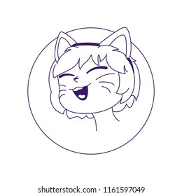 Cartoon face in a round hole. Cute kid character in popular halloween costume.  Hand drawn style vector. Doodle linean illustration on white background.