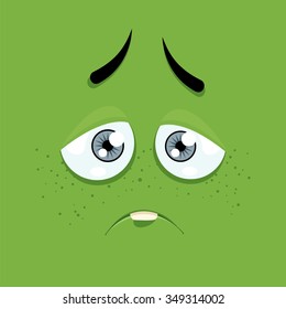 Cartoon face with a sad expression on a green background.