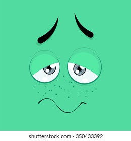 Cartoon face with a sad expression on a green background.