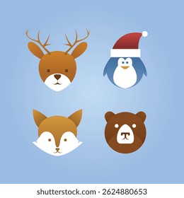 Cartoon face set of deer, fox, bear and penguin by tulangbercabang studio