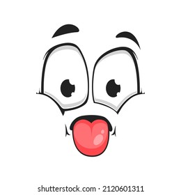 Cartoon face show pink tongue, vector teasing or sour taste facial expression, funny emoji. Naughty character or disgusting emotion isolated on white background