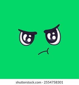 Cartoon face showing an angry mood with frowning eyebrows and closed mouth on a vibrant green background, expressing discontent and negative emotions