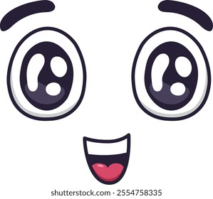 Cartoon face showing happiness through wide open eyes, raised eyebrows, and a big, open mouthed smile, conveying joy, amusement, or excitement in a playful and expressive way