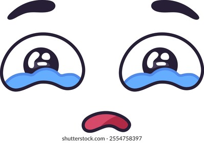 Cartoon face showing a sad expression with big, crying eyes and a frowning mouth, conveying feelings of unhappiness, sorrow, or disappointment