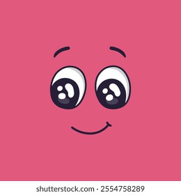 Cartoon face showing a surprising and happy expression, featuring large, expressive eyes and a gentle smile, conveying positive emotions and a sense of wonder against a vibrant pink backdrop