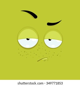 Cartoon face with a skeptical expression on light green background.