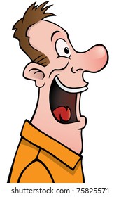 A cartoon face of a smiling guy in profile.