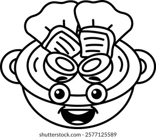 A cartoon face with a smiling mouth and eyes and a bowl of food with a leaf on top