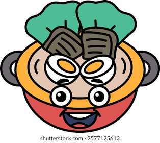 A cartoon face with a smiling mouth and eyes and a bowl of food with a green leaf on top