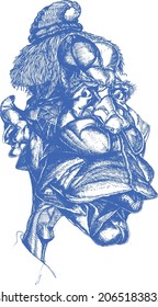 Cartoon face study with blue, fine marker lines