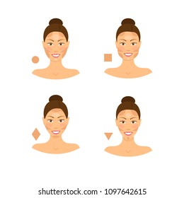 Cartoon Face Type Contouring Tutorial Icon Set Variation Correction Proportion Highlight Beauty Girl Female Makeup Types Concept. Vector illustration of Four Types