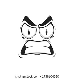 Cartoon face vector emoji with angry eyes and gnash teeth. Negative facial expression, angry feelings, comic face with furrowed brows and toothy mouth isolated on white background