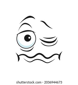 Cartoon face vector funny sleepy facial emoji with unhappy closed and open eyes and tremble mouth. Comic rumpled face emotion isolated on white background