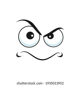 Cartoon face vector icon, disgruntled or upset emoji, funny facial expression with curved mouth and frown eyebrows. Negative dissatisfied feelings, comic emotion isolated on white background