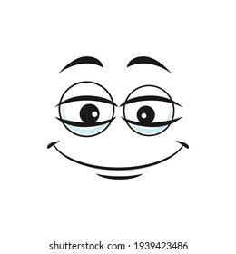 Cartoon face vector icon, funny emoji with smile and kind eyes. Satisfied, calm or relaxed facial expression, positive feelings isolated on white background