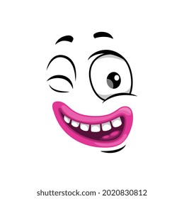 Icono del vector de la cara de caricatura, emoji divertido con sonrisa feliz y ojo de guiño. Expresión facial de juguetón, sentimientos frikis positivos aislados en fondo blanco