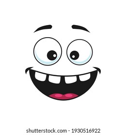 Cartoon face vector icon, happy emoji, laughing facial expression with smiling toothy mouth and wide open eyes. Positive feelings isolated on white background