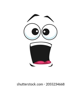 Cartoon face vector icon, surprised or shocked yelling facial expression. Astonished funny emoji with wide open or goggle eyes and dropped jaw, wow feelings isolated on white background