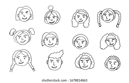 cartoon face vector people. Hand drawn line art illustration. Human emotions doodle set