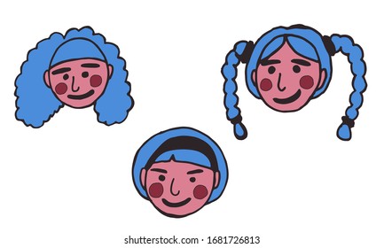 cartoon face vector people. Hand drawn line art colored illustration. Human emotions doodle set