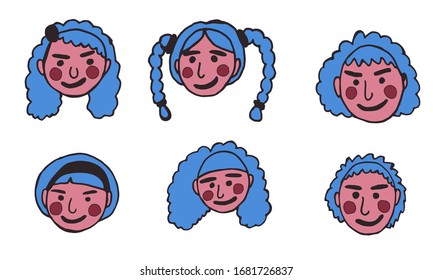 cartoon face vector people. Hand drawn line art colored illustration. Human emotions doodle set