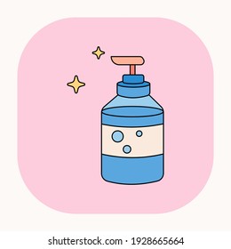 Cartoon face wash icon. Fancy face cleanser. Cute doodle cleanser for face cosmetics bottle illustration. Cosmetic bottle with dispenser for face wash. Korean cosmetics on pink background. Vector.