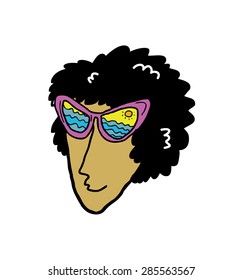 cartoon face wearing sunglasses with beach reflection