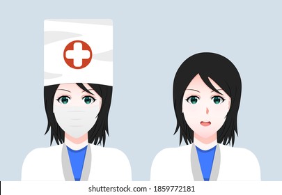 Cartoon face of a woman doctor in a mask. A set of girls of doctors with different emotions on their faces. Set of Vector Cartoon Anime Style Expressions. Drawn vector illustration. Sketch. EPS 10