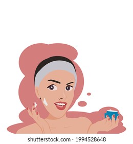 Cartoon face young beautiful woman who has big eye is smiling , holding and presents face cream on her hands.Vector isolate flat design concept for  Beauty, skincare, makeup or cleaning banner or web