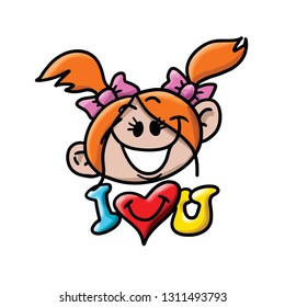 Cartoon face of a young girl saying i love you vector illustration