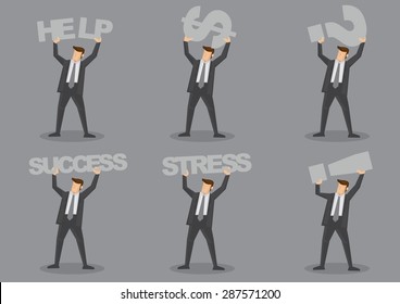Cartoon faceless business executive carrying text and symbols signs over his head. Set of six vector character illustrations isolated on grey background.