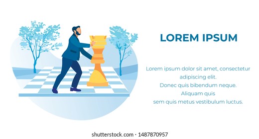 Cartoon Faceless Businesswoman Character in Formal Suit Moving Chess Piece on Chessboard. Business Strategy and Tactical Marketing Text Motivation Vector Banner. Flat Natural Scene Illustration