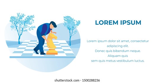 Cartoon Faceless Businesswoman Character Standing on Chessboard and Moving Chess Horse. Text Banner with Flat Natural Scene. Vector Competition Illustration. Business Planning and Strategy