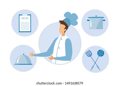 Caricatura de hombre de chef sin rostro, utensilios de cocina en redondeo. Diagrama plano de flujo con olla de cocina, barbacoa de torner y cuchara perforada, bandeja de acero con tapa, portapapeles con ilustración de vectores de recetas