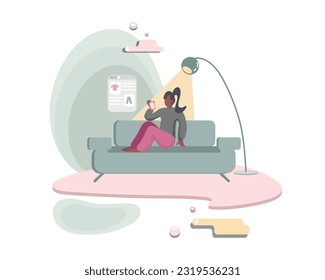 Cartoon faceless girl on couch with smartphone. People choosing goods and wear in online shop color 2d. Vector flat style illustration on white background